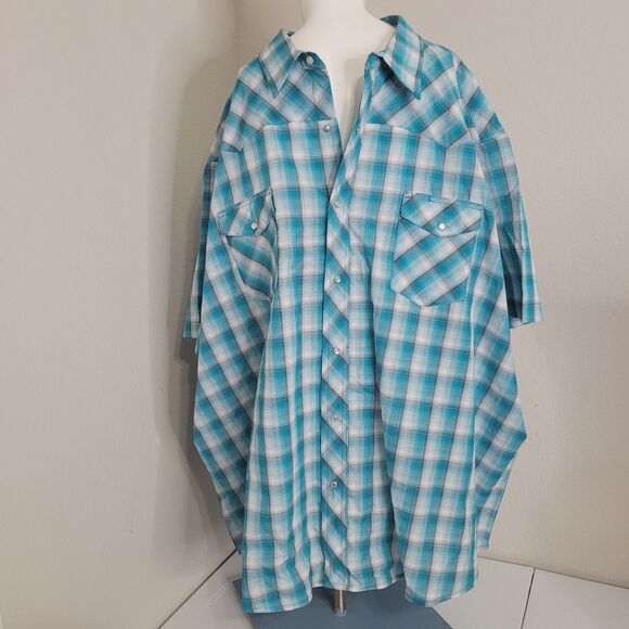 Wrangler size 4XL snap button front shirt top plaid blue pockets collar - Picture 1 of 12